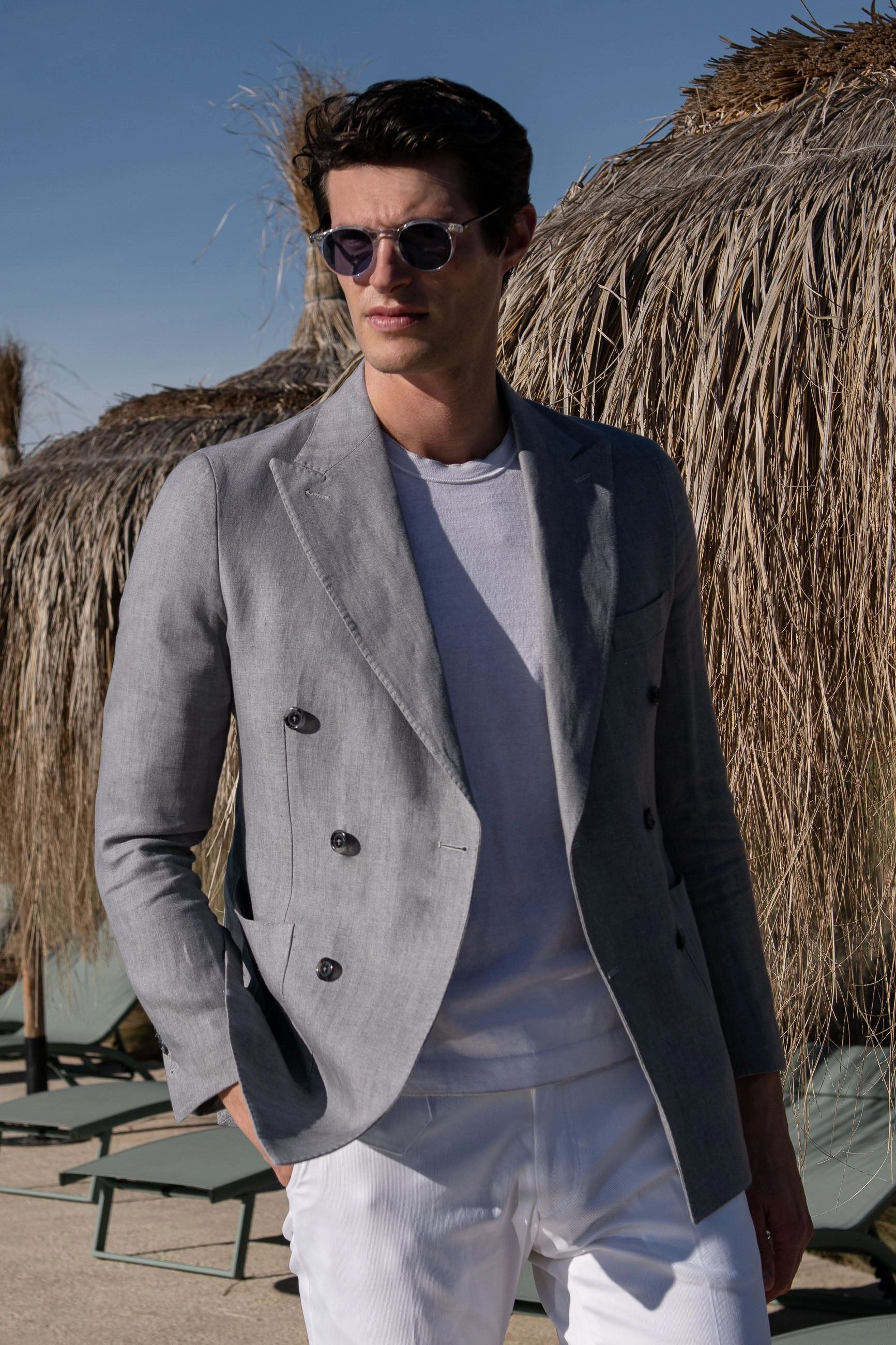 Sky grey herringbone double breasted linen jacket - Made in Italy Feedback