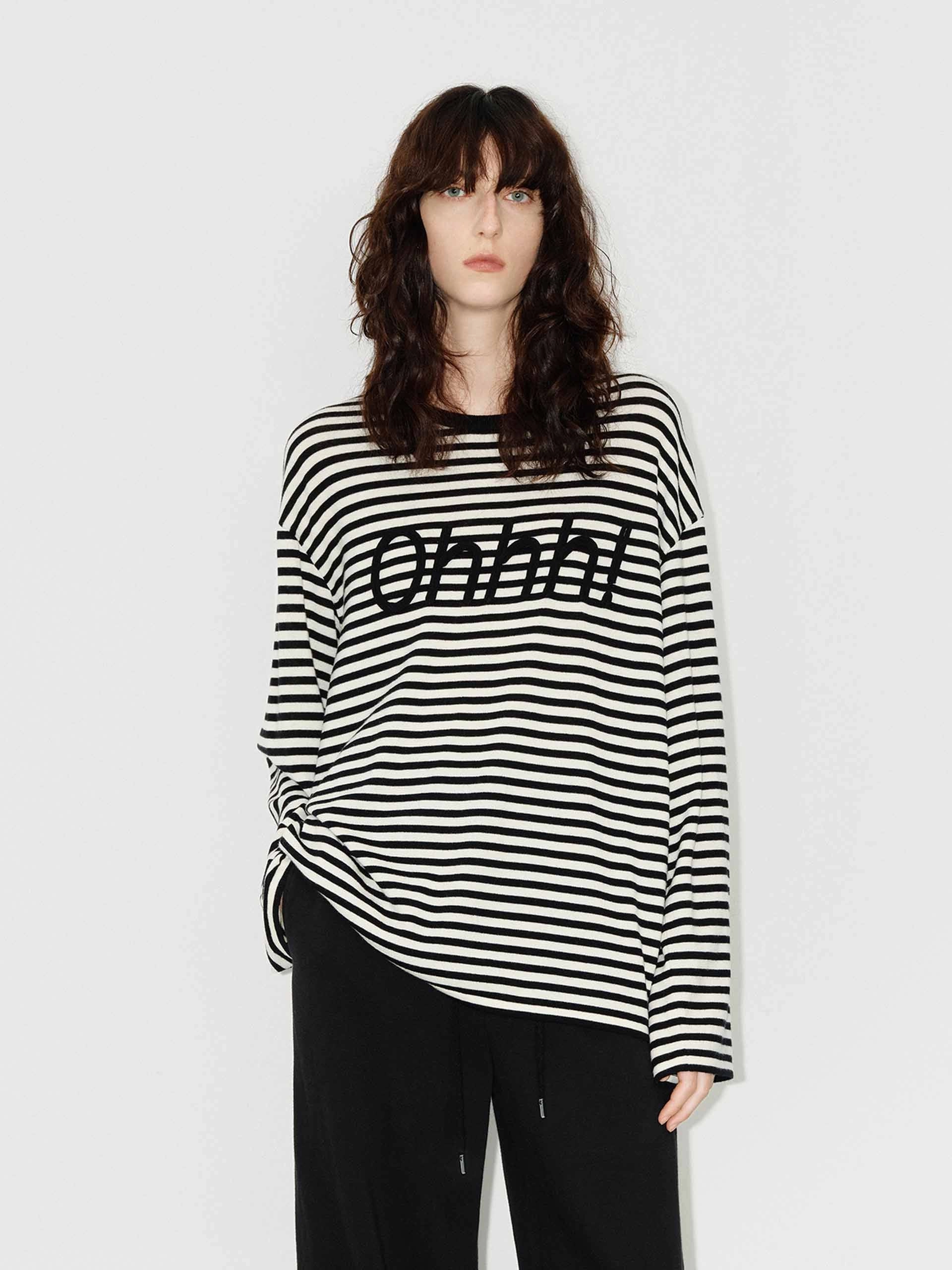 Front Letter Striped Sweater Ribbed cuff Comfy Performance