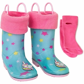 Addie & Tate Rain Boots Kids Blue Stars Mid-Calf Waterproof Pull On RHS4664 Quick Drying Cold Climate Soft Inner Lining
