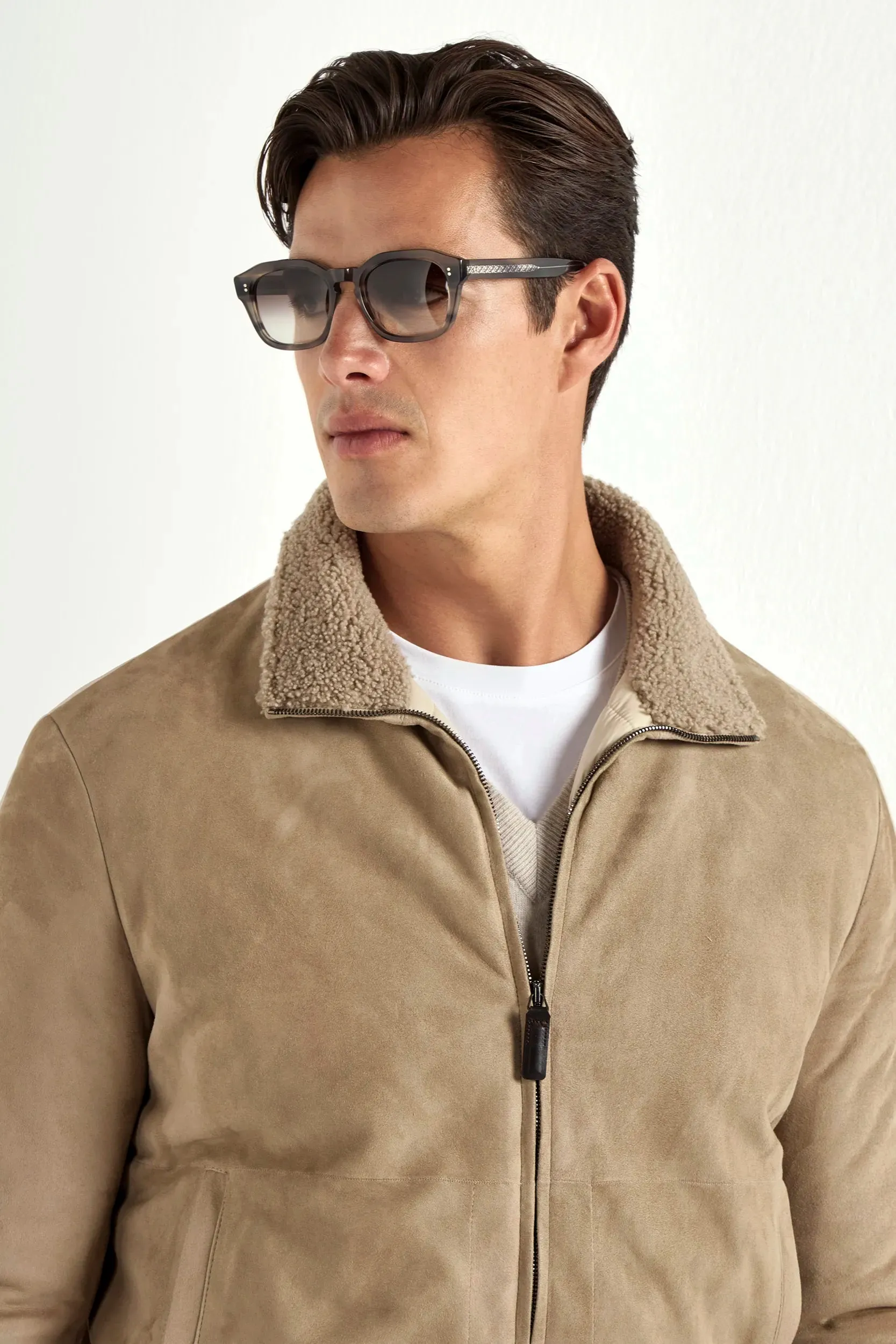 Subtle Design Detail Taupe suede bomber with shearling collar - Made in Italy