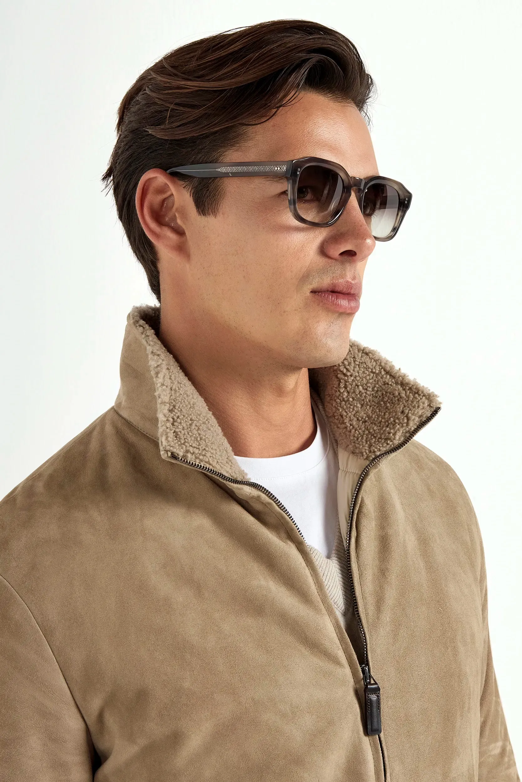 Taupe suede bomber with shearling collar - Made in Italy Fashion Forward