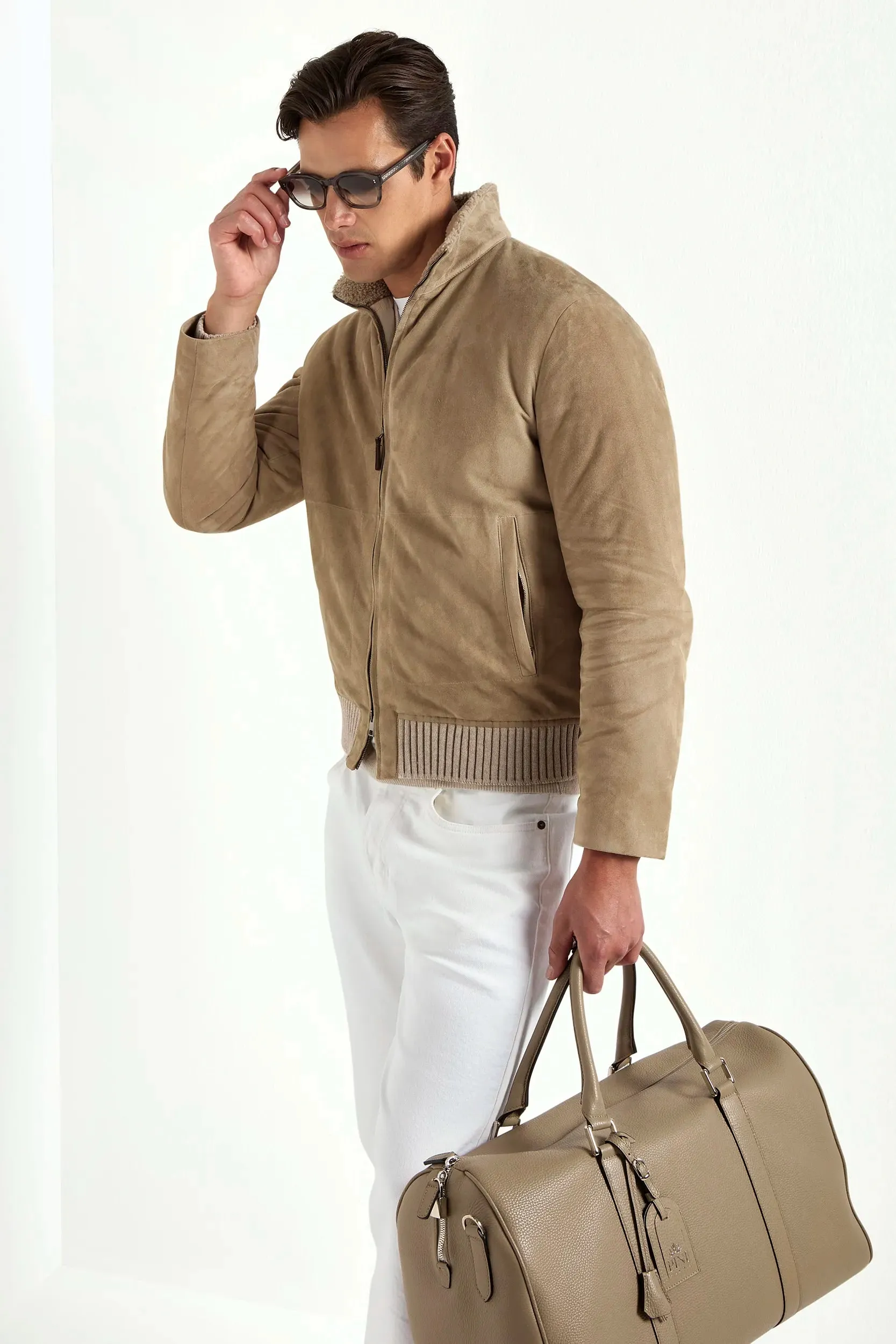 Taupe suede bomber with shearling collar - Made in Italy Light Diffusing Fabric
