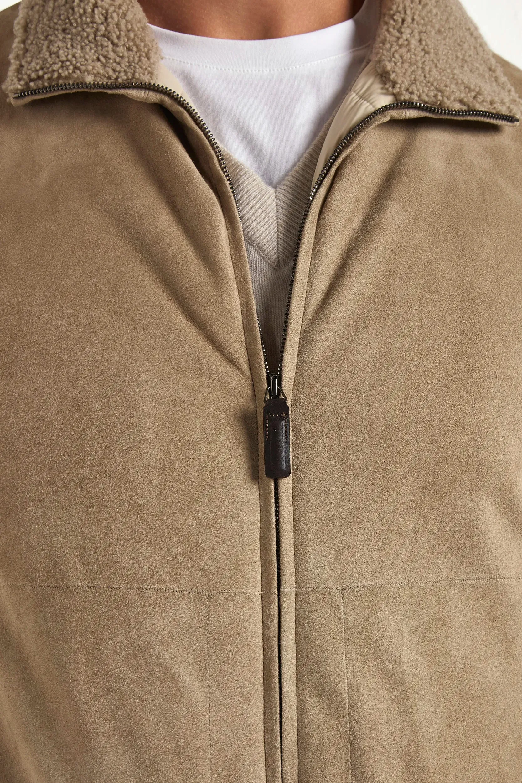 Taupe suede bomber with shearling collar - Made in Italy Stretch Cloth