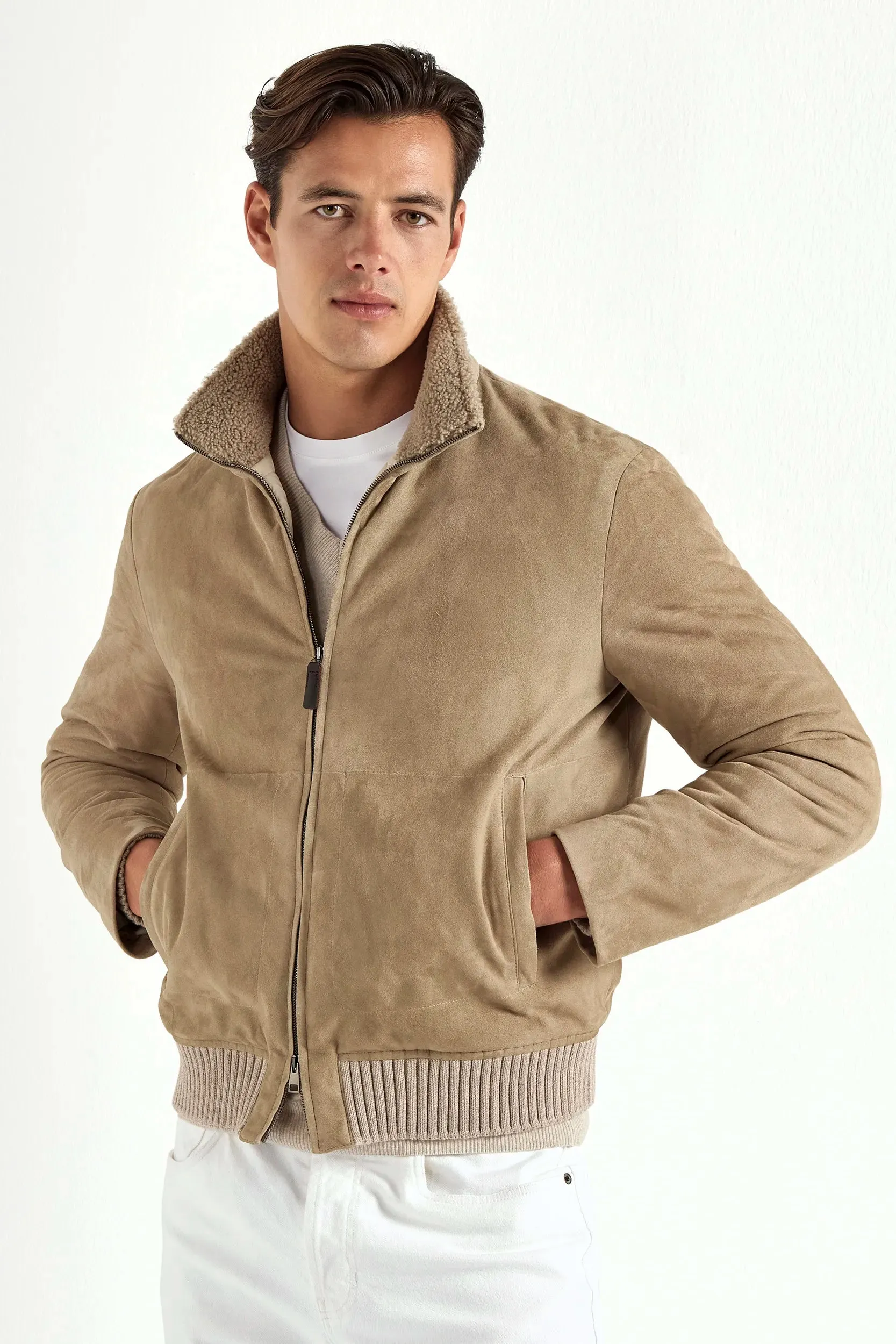 Moisture Wicking Fabric Taupe suede bomber with shearling collar - Made in Italy