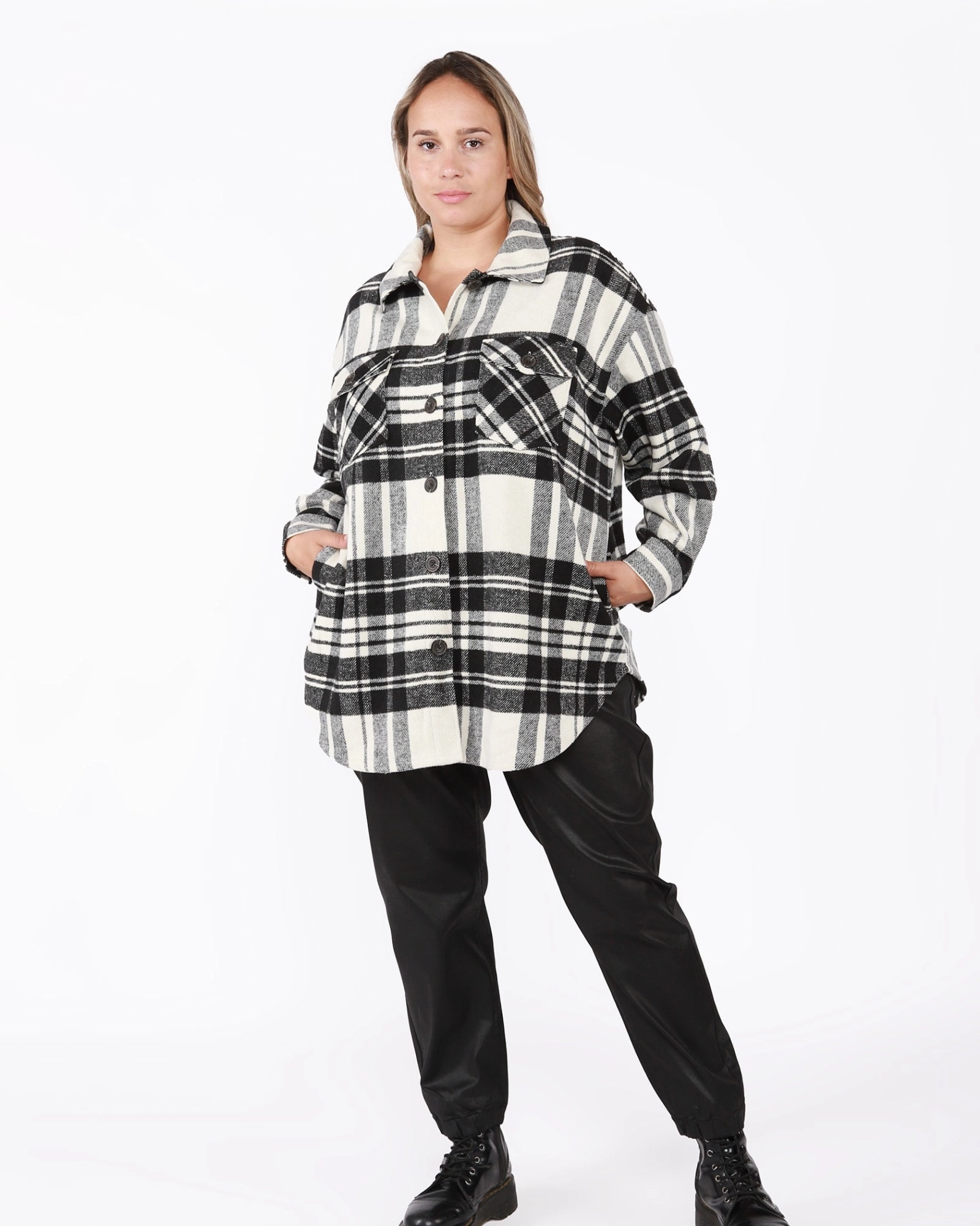 Ainhoa Plaid Snap Front Shacket | Black / White Recover