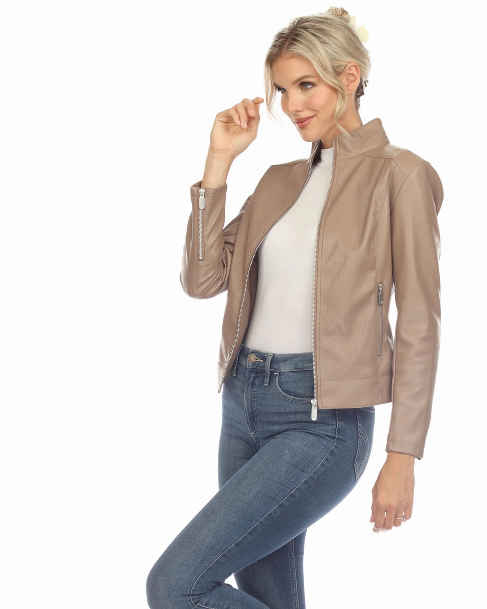 Performance Jacket Waterproof Outer Layer Women's Classic Biker Faux Leather Jacket | Taupe