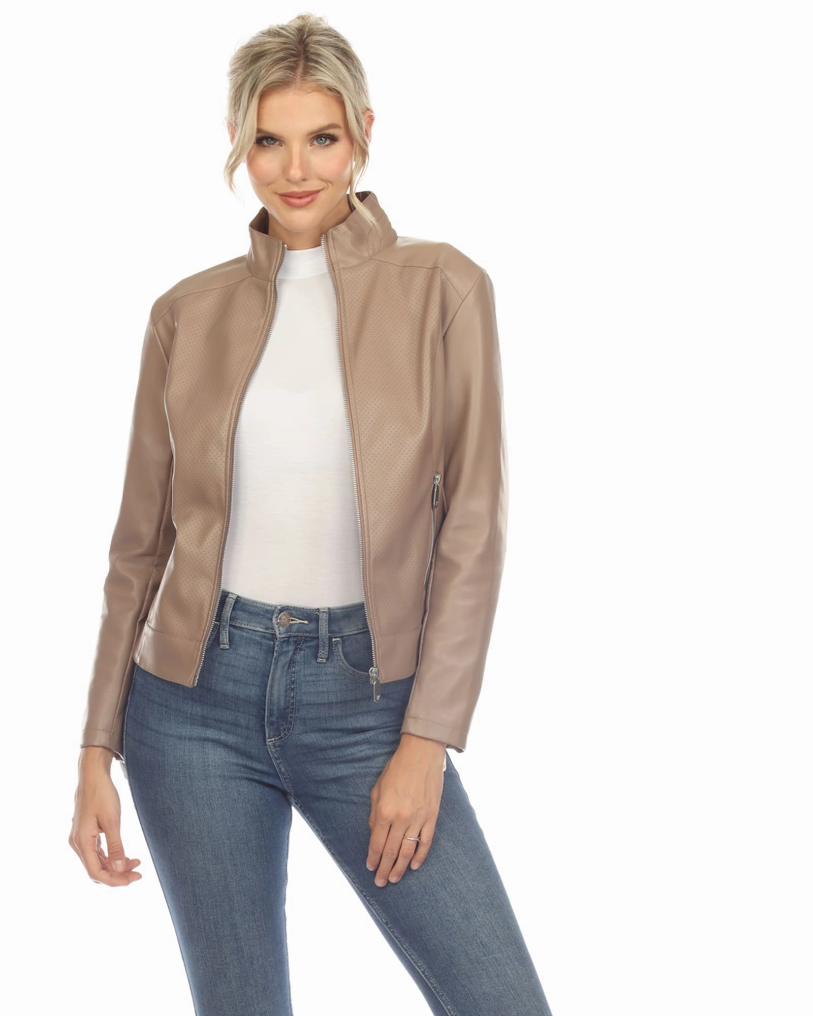 Women's Classic Biker Faux Leather Jacket | Taupe Moisture Wicking Liner Urban Detail