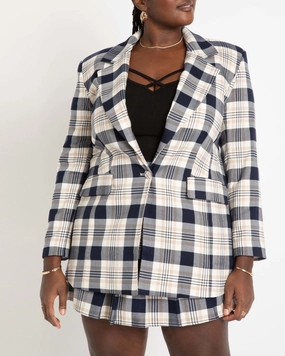 Long Strong Shoulder Blazer | Plaid Perfect Recover