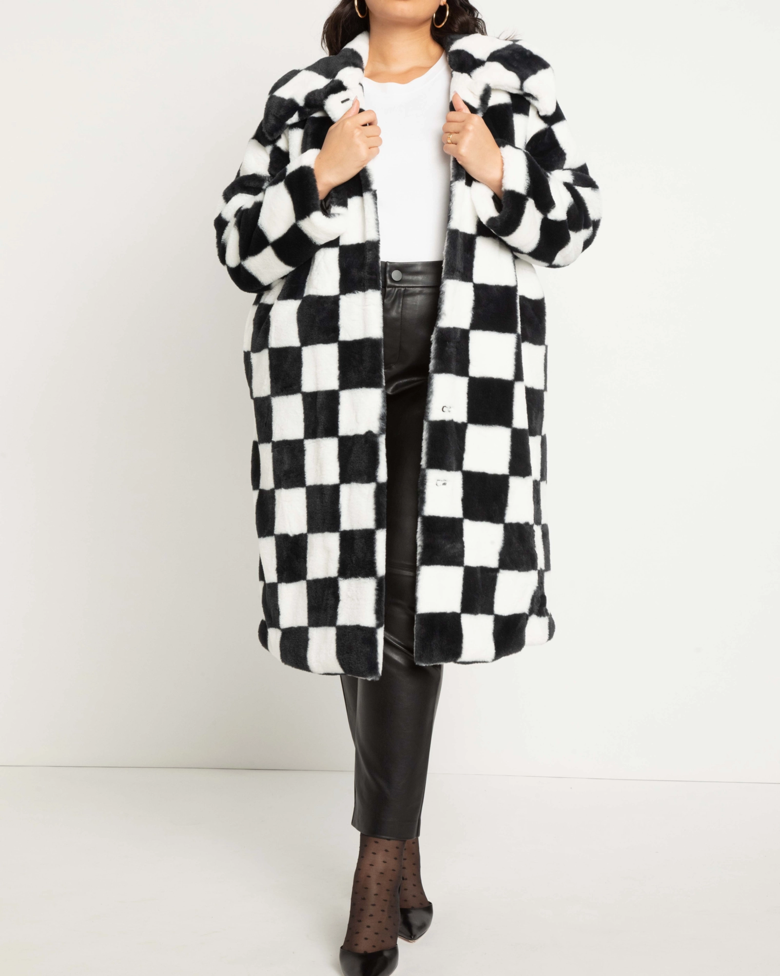 Perforated Underarm Vents monochromatic Alondra Faux Fur Checkerboard Coat | Black / Ivory