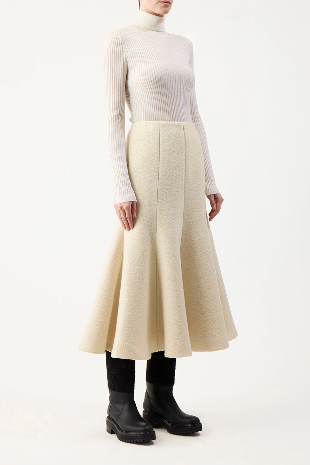 Amy Midi Skirt in Ivory Double-Face Recycled Cashmere Felt Hypoallergenic fabric