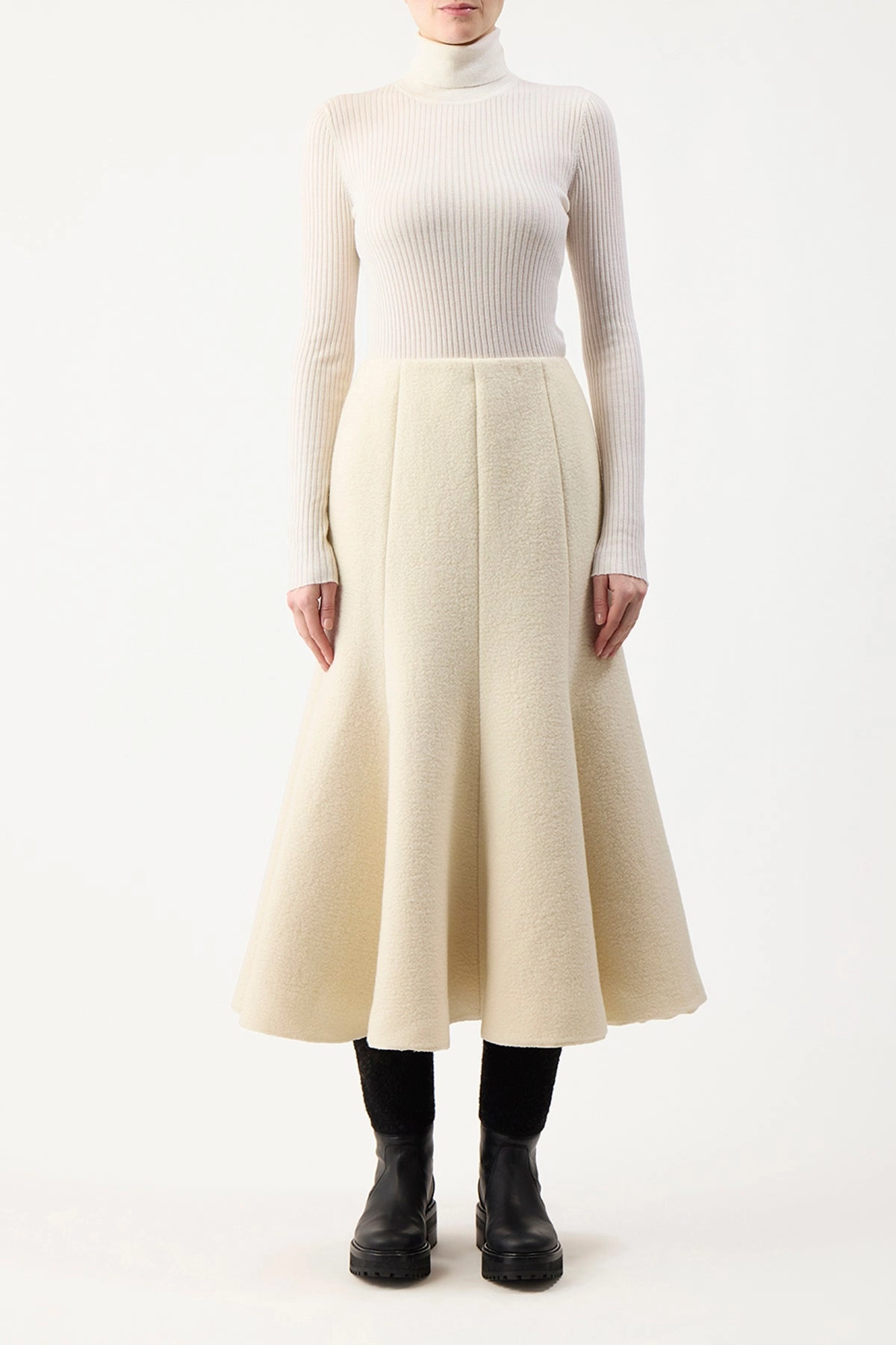 Smooth Finish Amy Midi Skirt in Ivory Double-Face Recycled Cashmere Felt