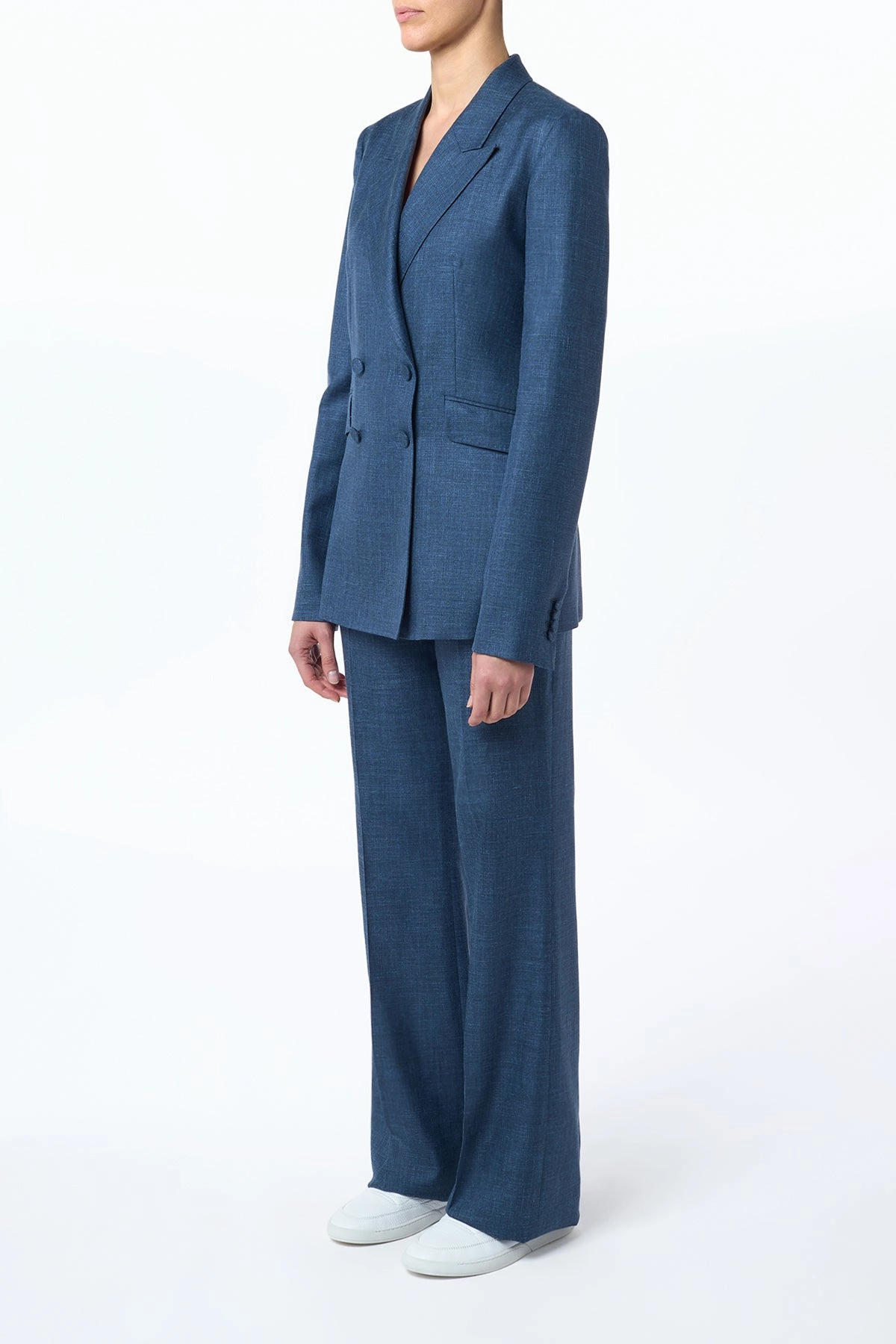 Angela Blazer in Denim Virgin Wool Silk with Linen Snag Resistant Weave Elegant Stitching