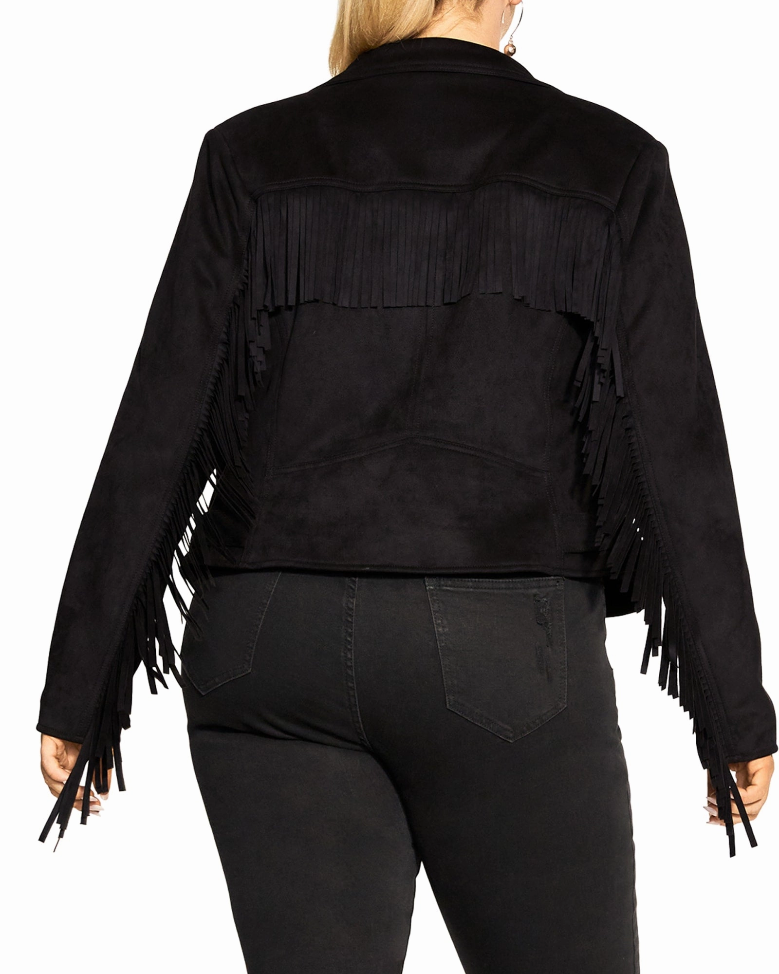 Angela Fringe Jacket | Black Hidden Zipper Closure