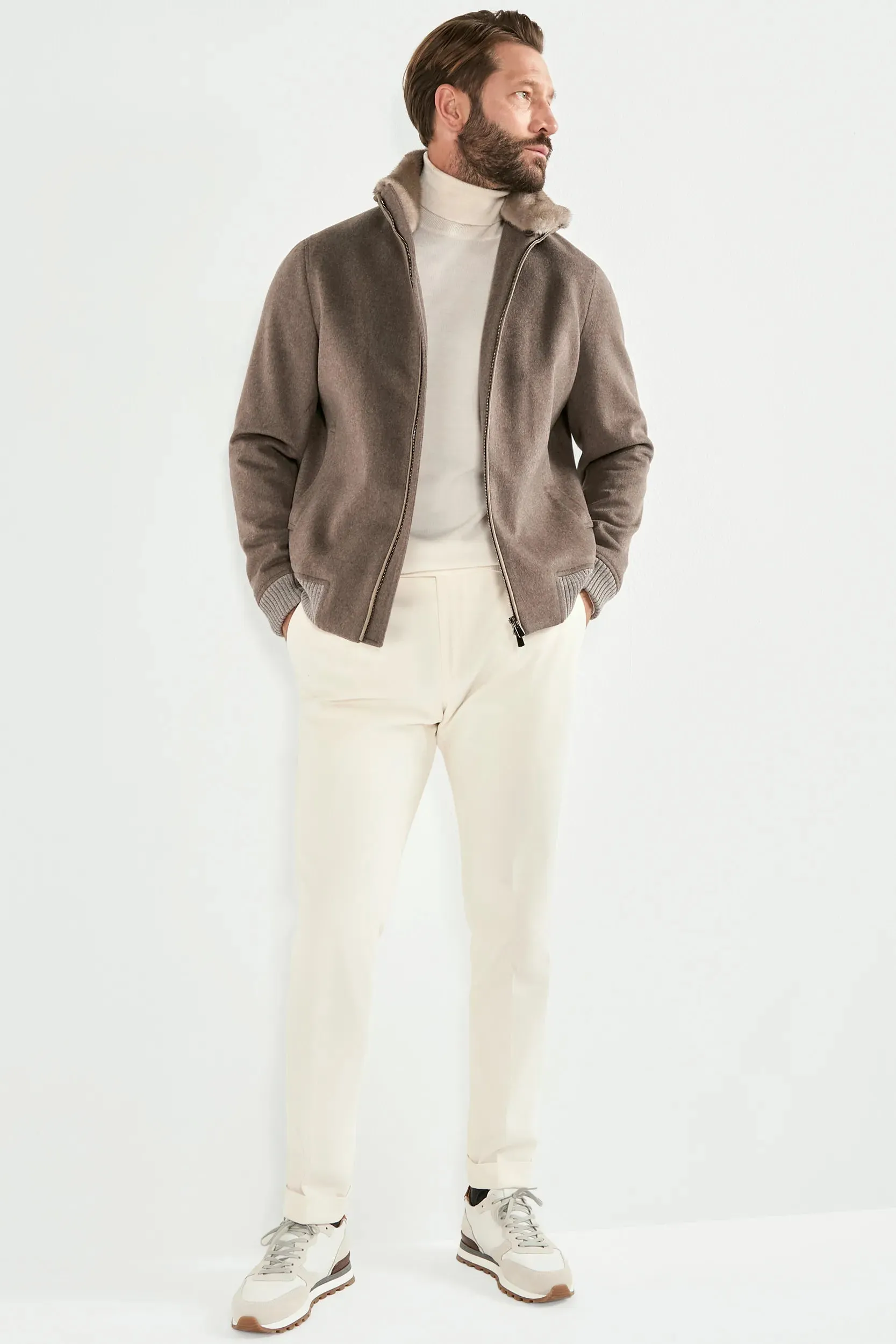 Taupe bomber with removable mink collar ?C Made in Italy Hidden Ventilation