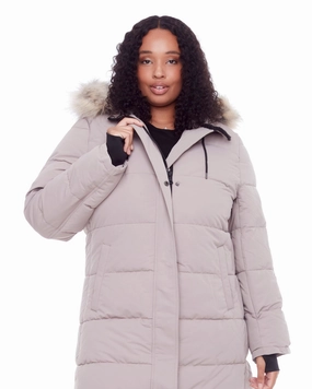 Active Commute Women's Plus Size - AULAVIK | Vegan Down Recycled Mid-Length Hooded Parka Coat | Light Taupe