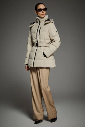 Celeste Polished Edge Belted Hooded Down Jacket Water Repellent Coating Non Restrictive Movement Cut