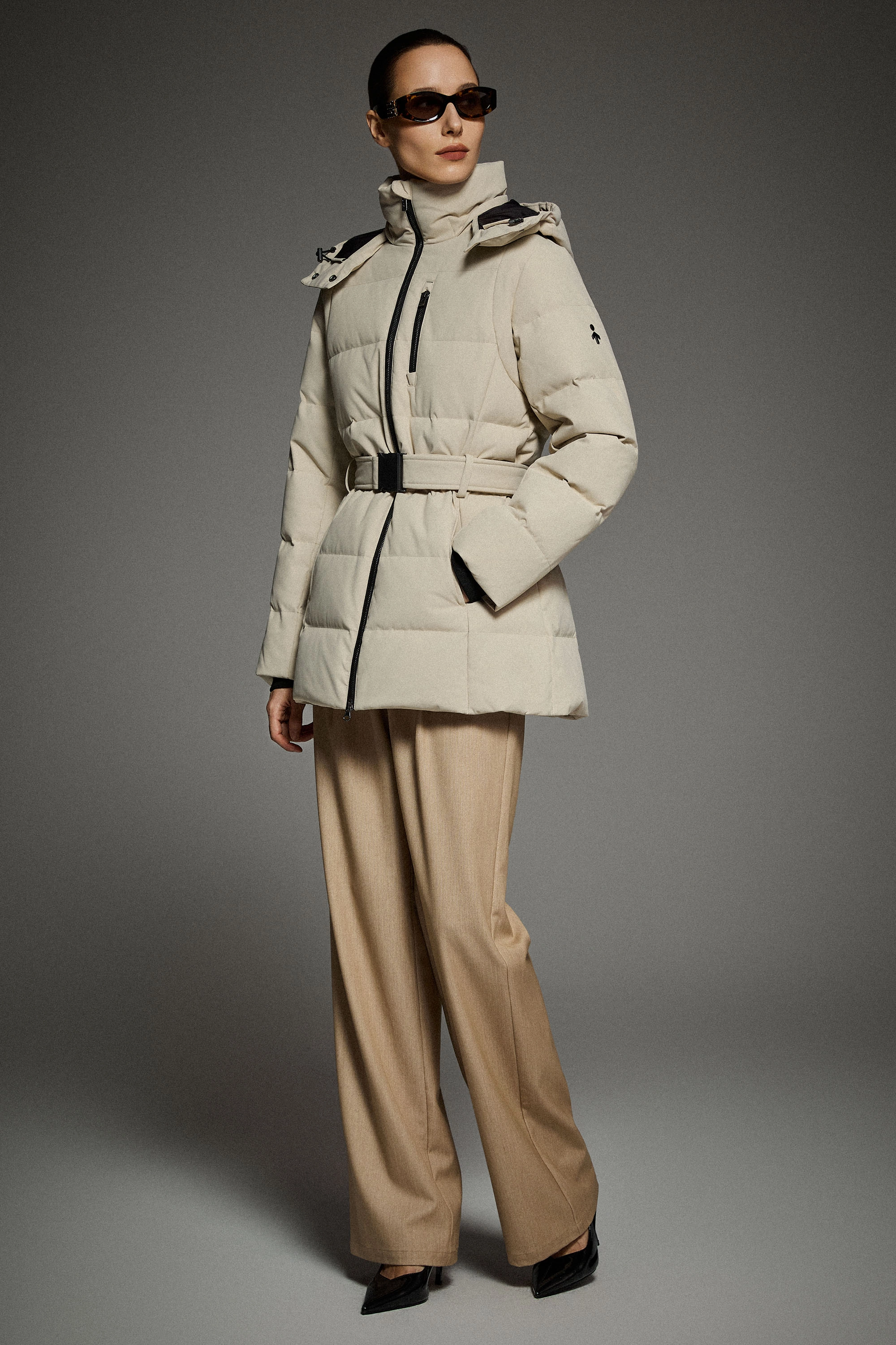 Celeste Polished Edge Belted Hooded Down Jacket Water Repellent Coating Non Restrictive Movement Cut