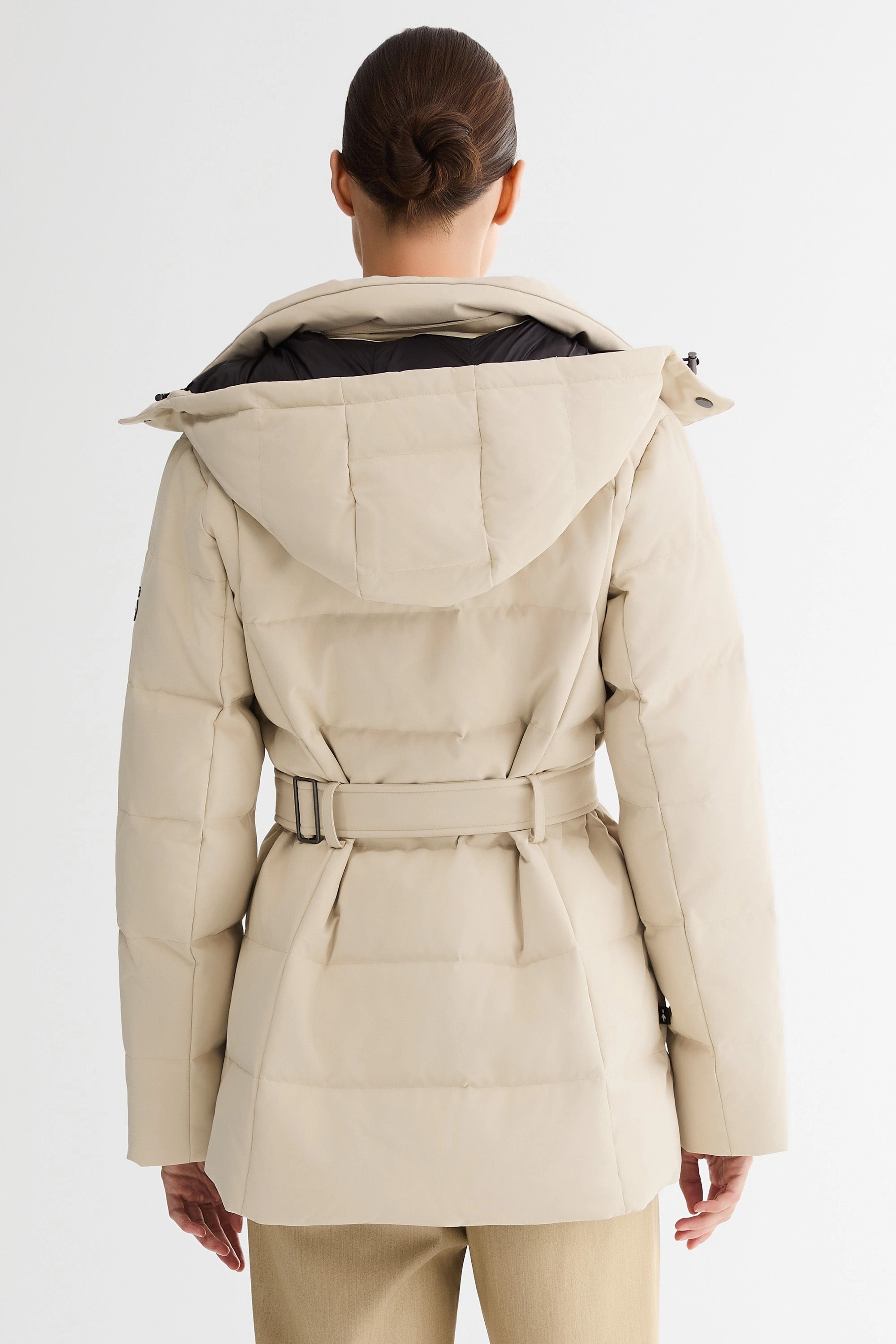 Soft Cover Celeste Polished Edge Belted Hooded Down Jacket