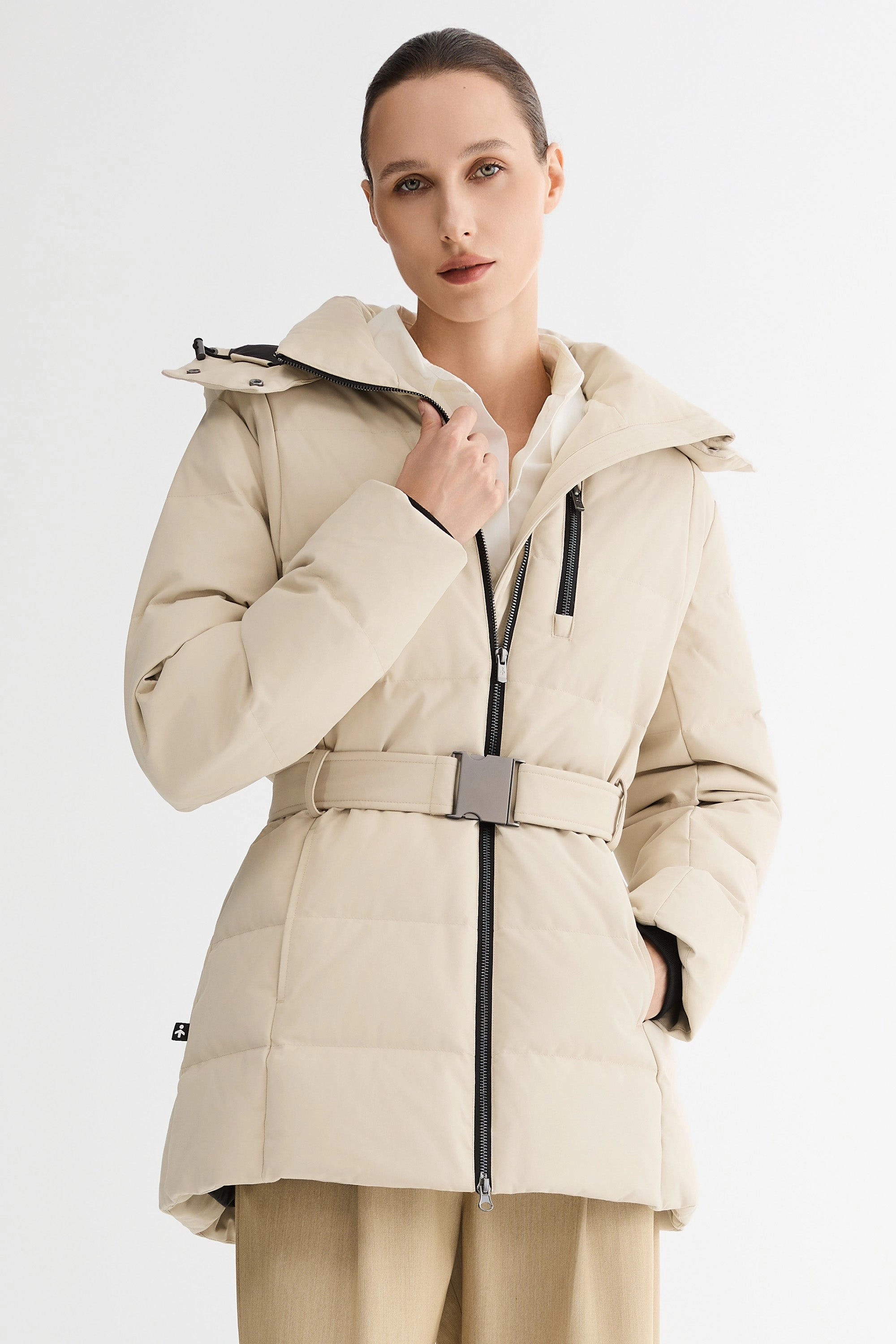 Hidden Zipper Durable Water Repellent Finish Celeste Polished Edge Belted Hooded Down Jacket