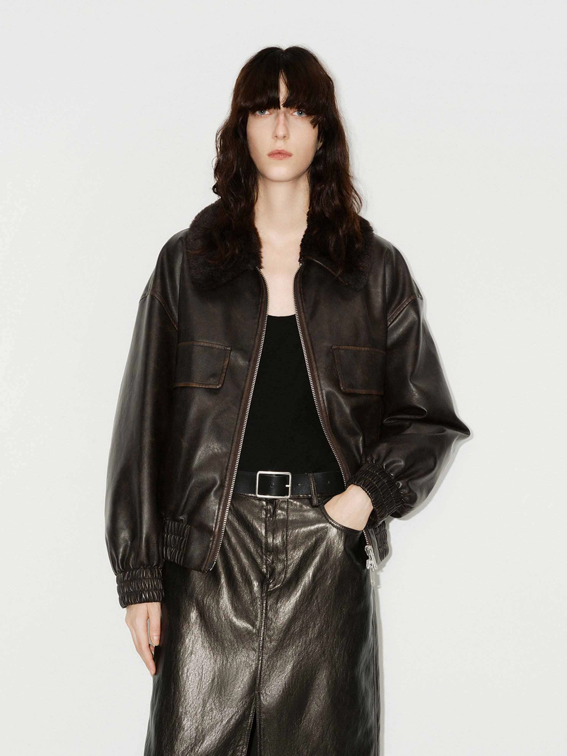 Subtle Texture Fur Collar Leather Jacket