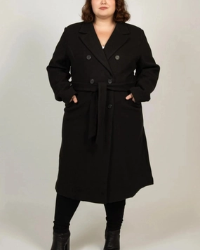 Mila Coat Double Breasted Belted Black | Black Compression Fold Design exploration