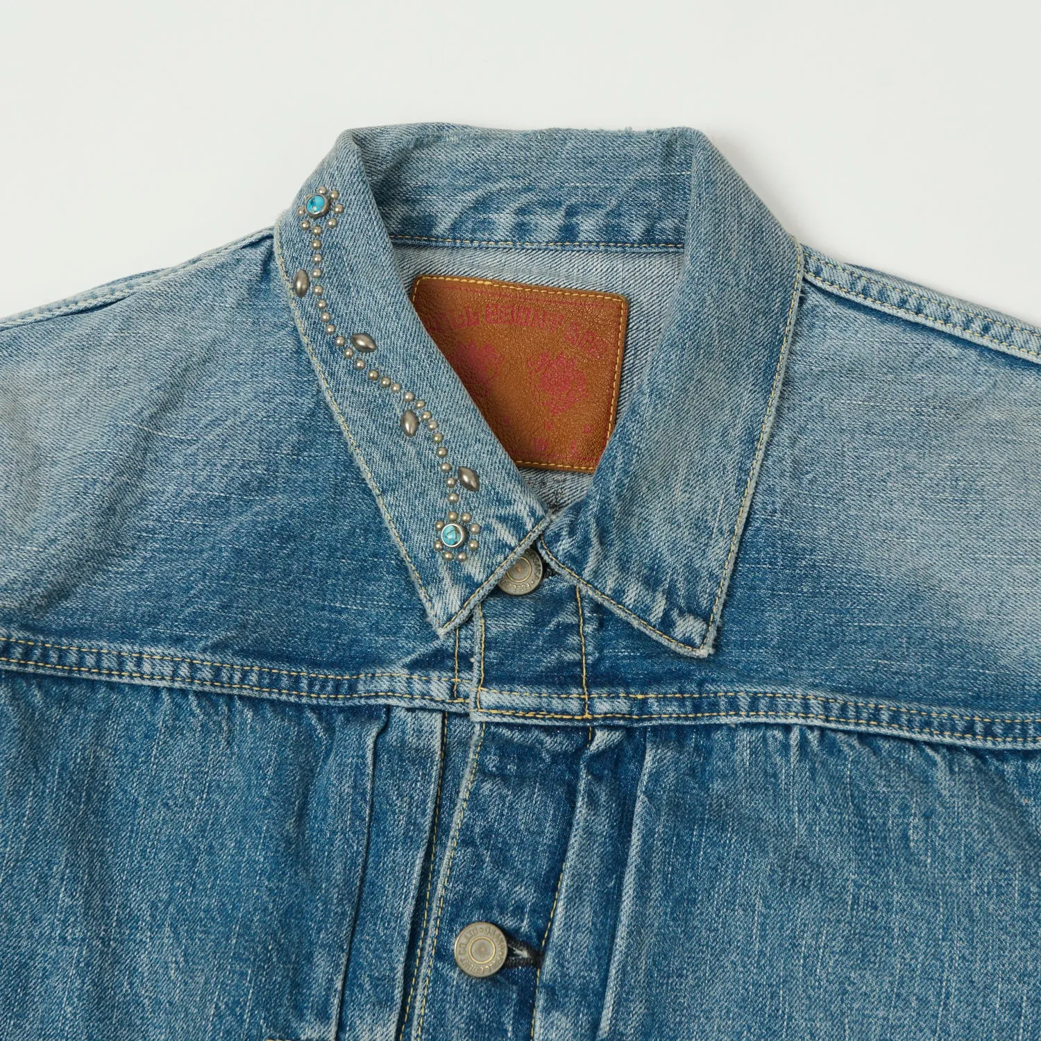 Full Count 2107 'On Studs by Zip Stevenson HTC' 13.75oz Type I Jacket - Dartford Wash Pocket Details RubberizedButtonClosures