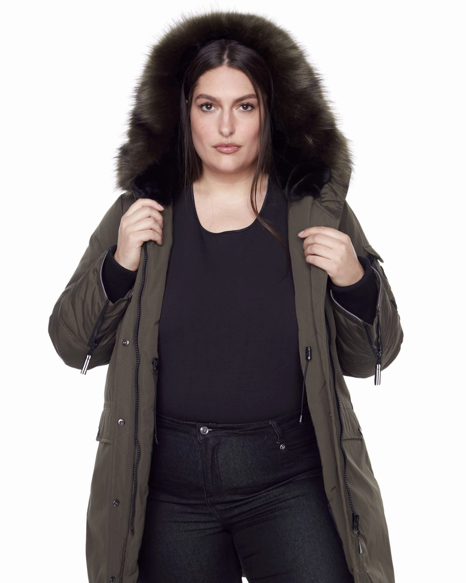 Sports use Urban Wear LAURENTIAN | Vegan Down Recycled Long Parka Winter With Faux Fur Hood | Olive