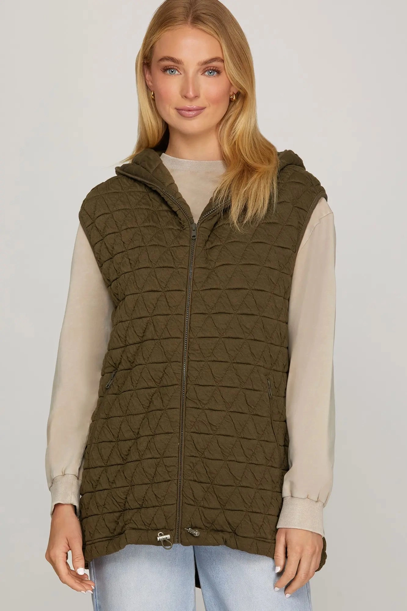 Zip Up Hooded Quilt Vest With Front Pocket And Drawstring Hem Sanction