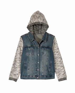Ayden Hooded Denim Jacket | Navy / Light Grey High Neck Protection Permit