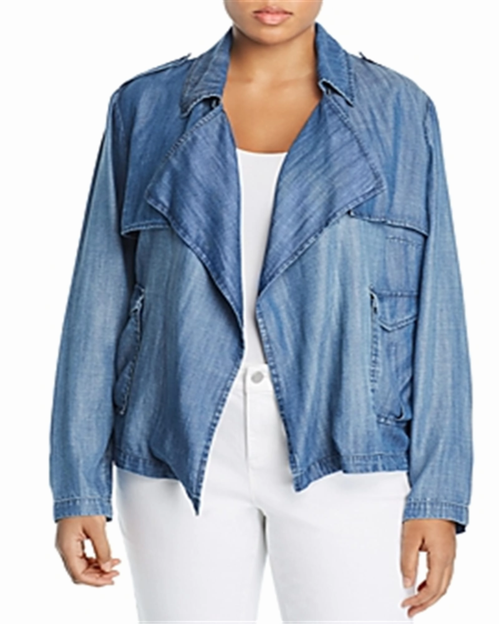 upcycled design Bagatelle Plus Chambray Open Front Jacket Blue Size 2XL | Blue