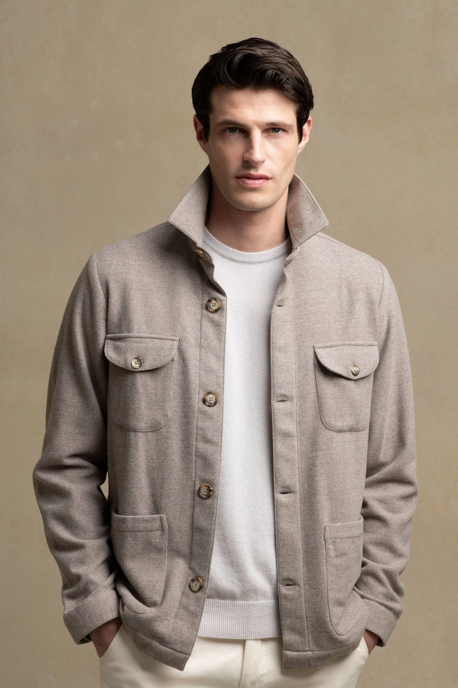 Eco Friendly Material Beige Safari Jacket flannel Super 180s ?C Made in Italy