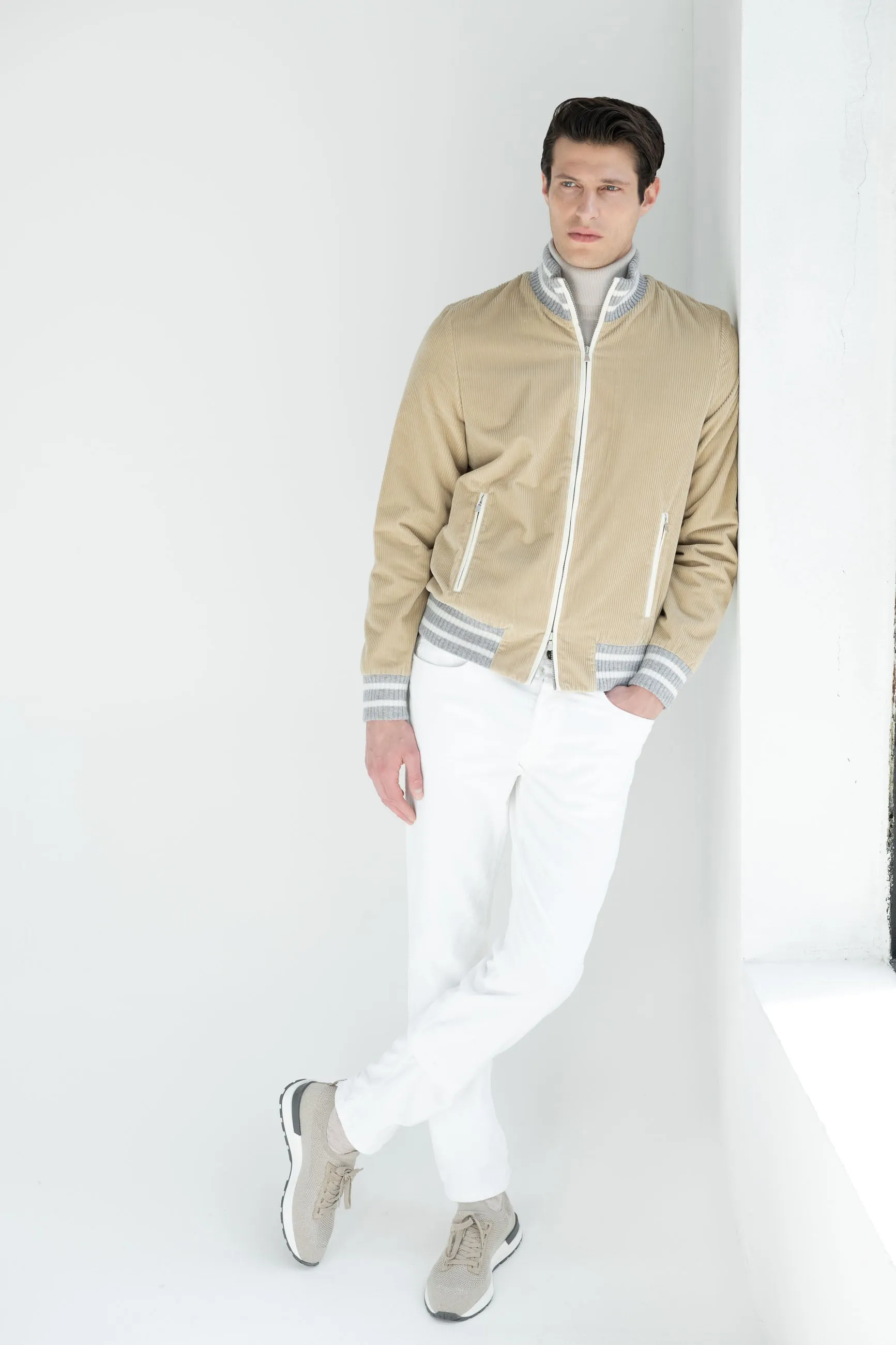 Adjustable Fit Design Beige corduroy college bomber - Made in Italy