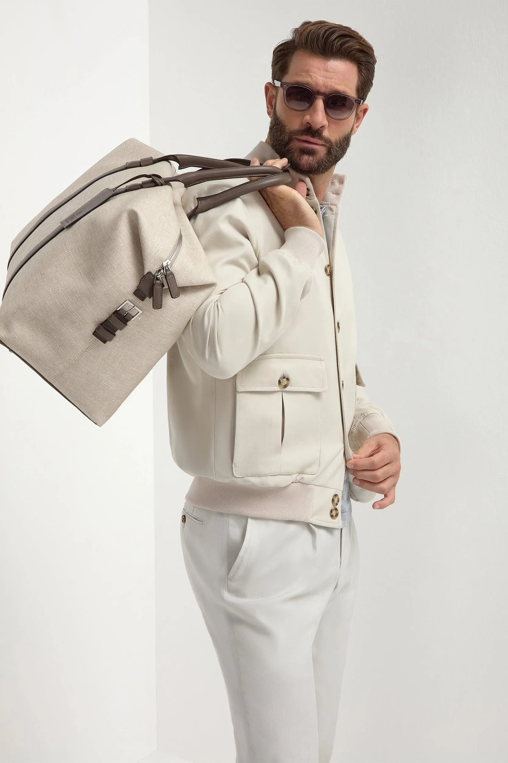 Elasticized Edging Beige cotton and silk bomber - Made in Italy