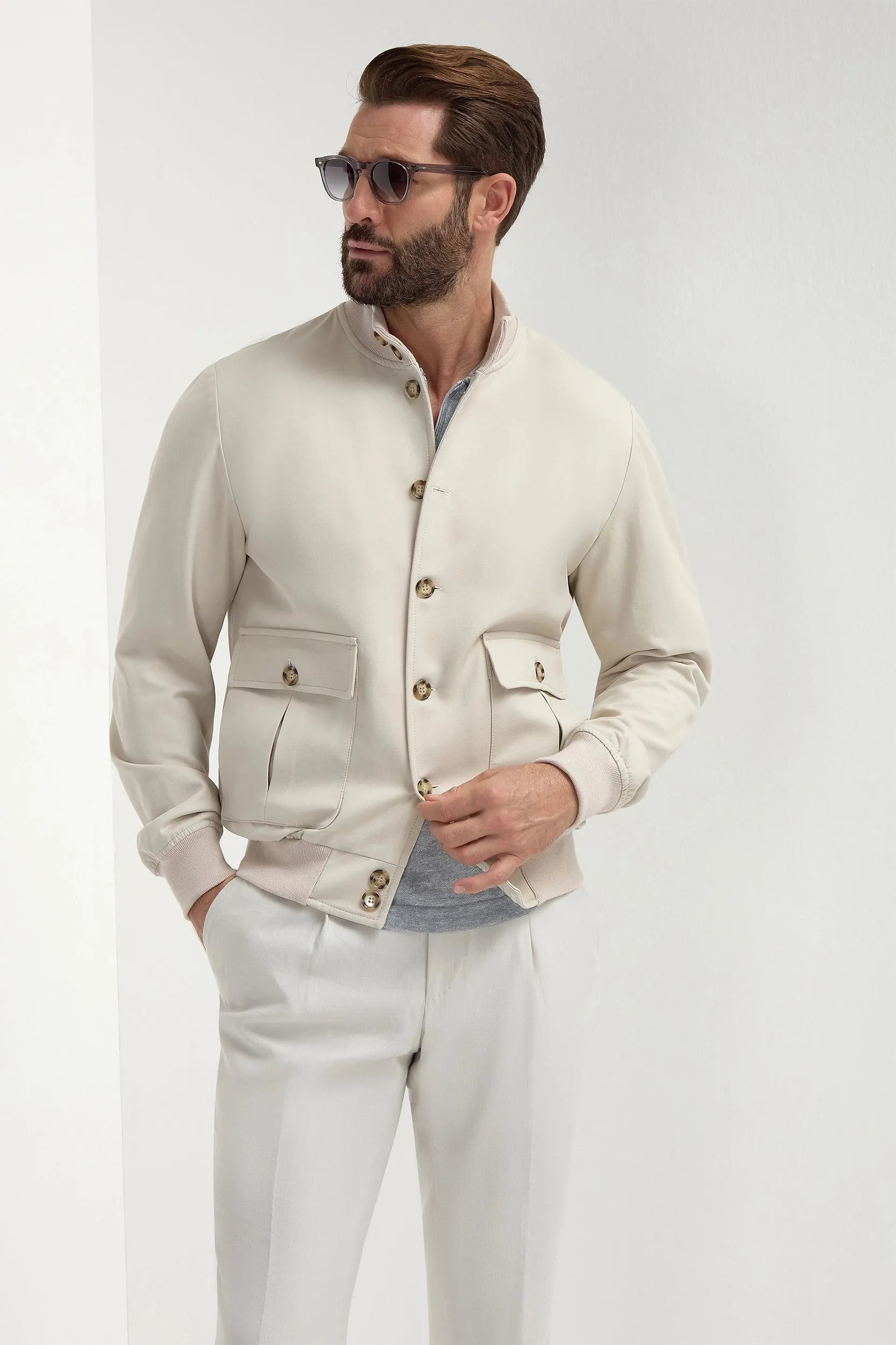 Beige cotton and silk bomber - Made in Italy Tear Resistant Knit