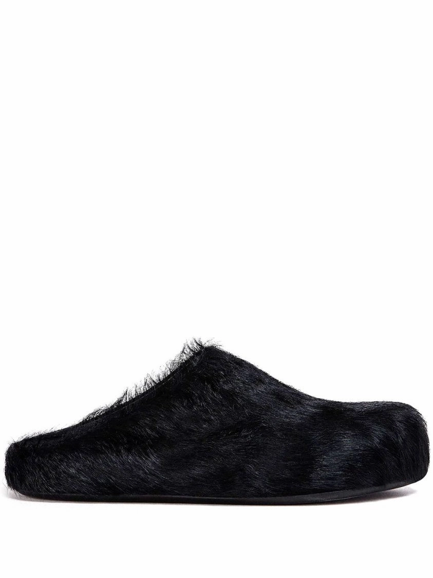 Black Calf Hair Round Toe Slip-On Mules Travel-Friendly Footwear
