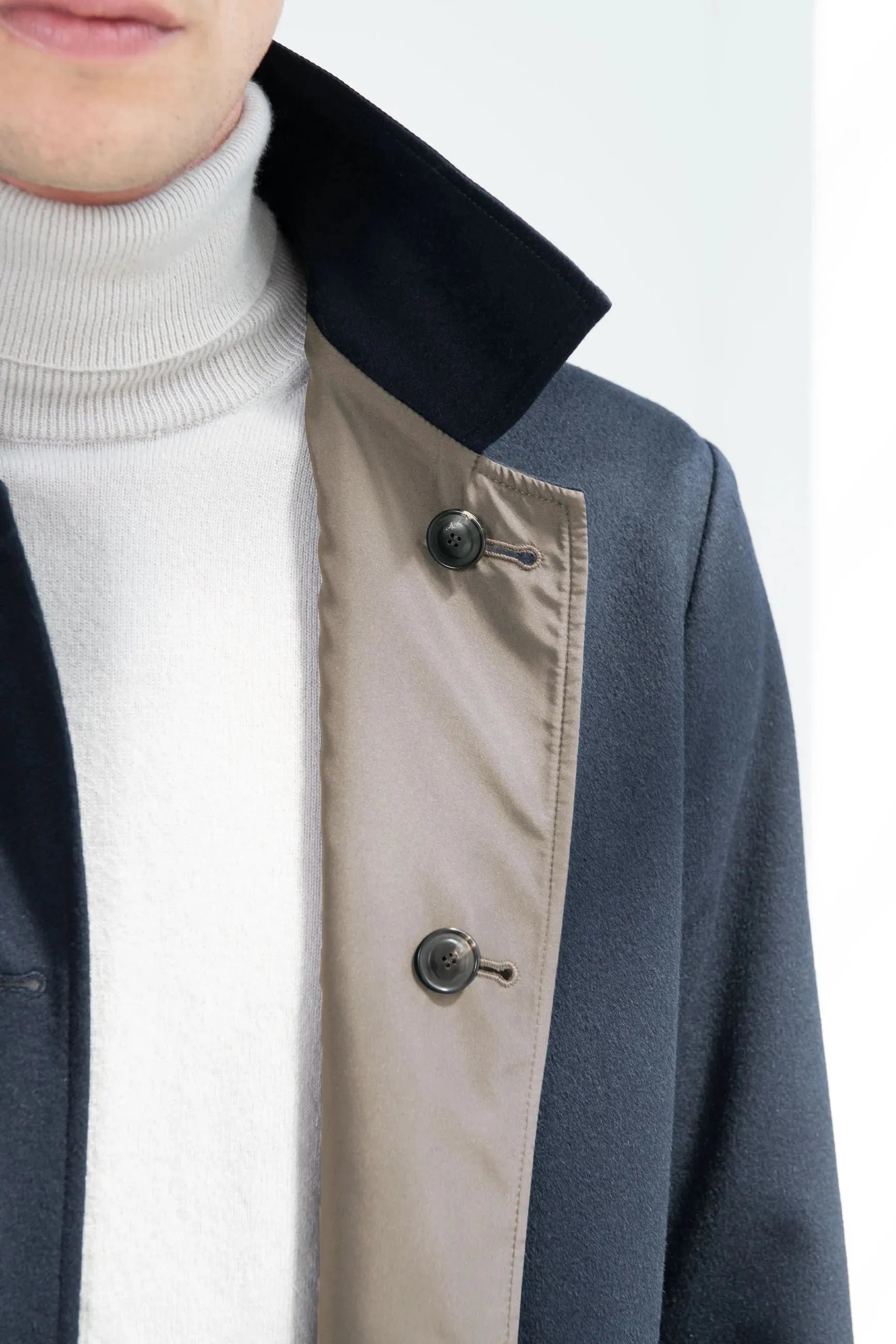 Water Resistant Shell Blue cashmere reversible coat - Made in Italy