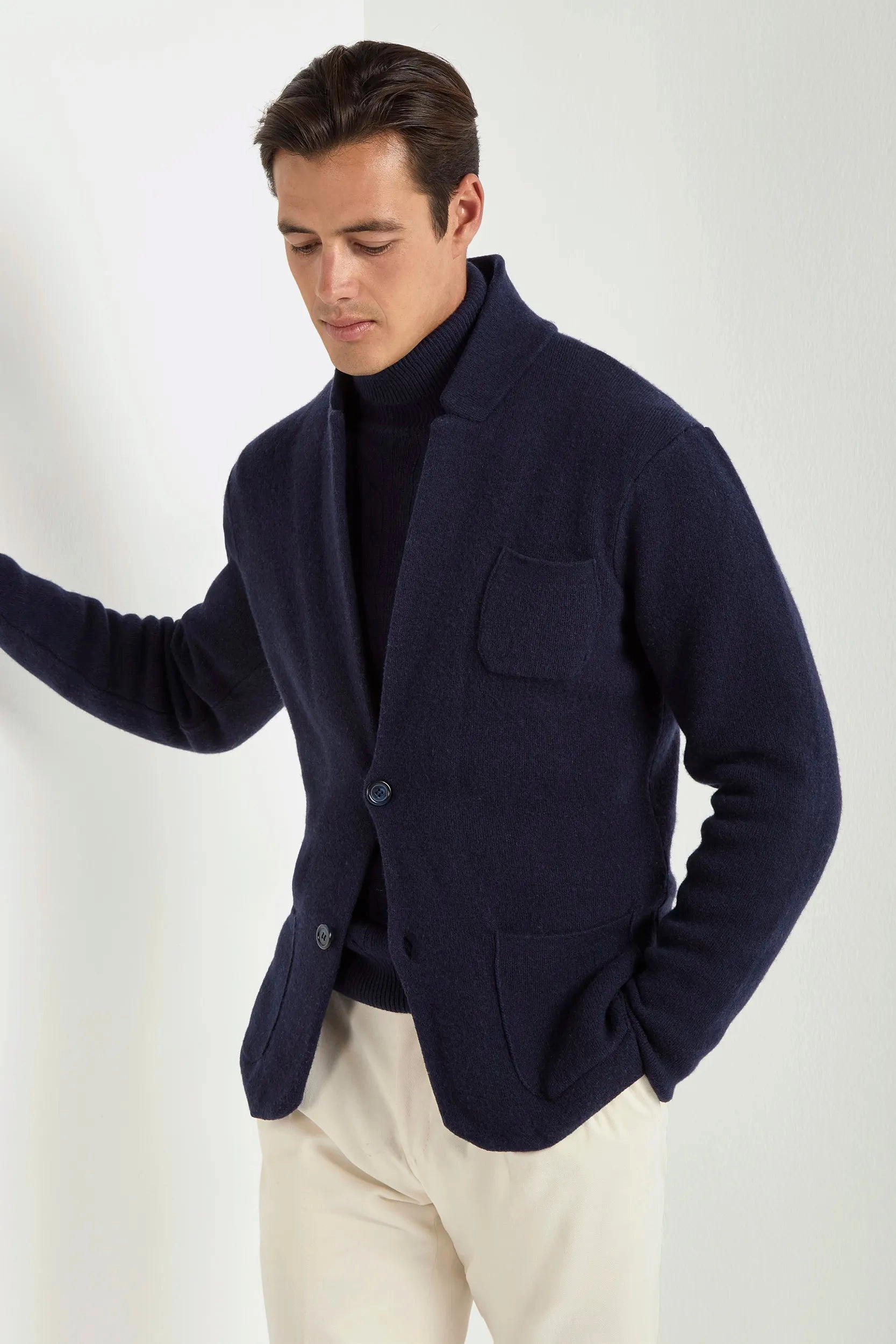 Blue knitted jacket - wool and cashmere - Made in Italy Easy Fit