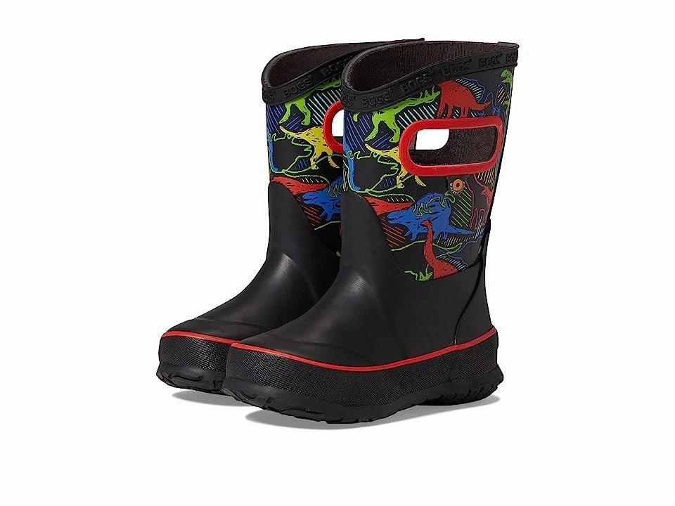 Bogs Rain Boot Neon Dino 79081-009 Kids Black Waterproof Mid-Calf JOBB1538 Anti   Bacterial Chunk Heel