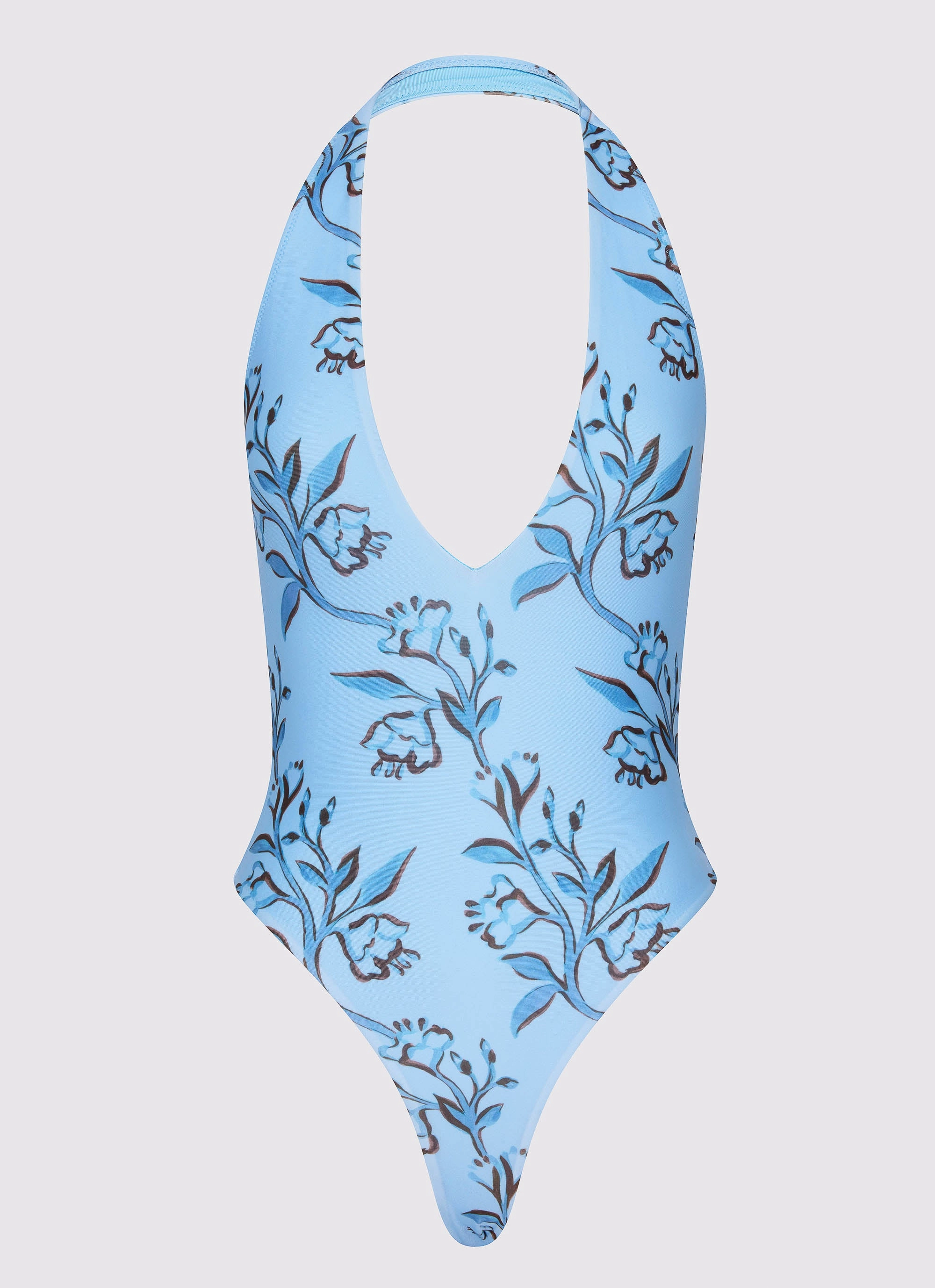 High Neck Style Laser Cut Edging Delia One Piece Swimsuit - Blue Floral Print