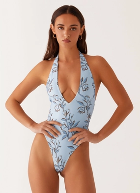 Anti Sag Waistband Delia One Piece Swimsuit - Blue Floral Print