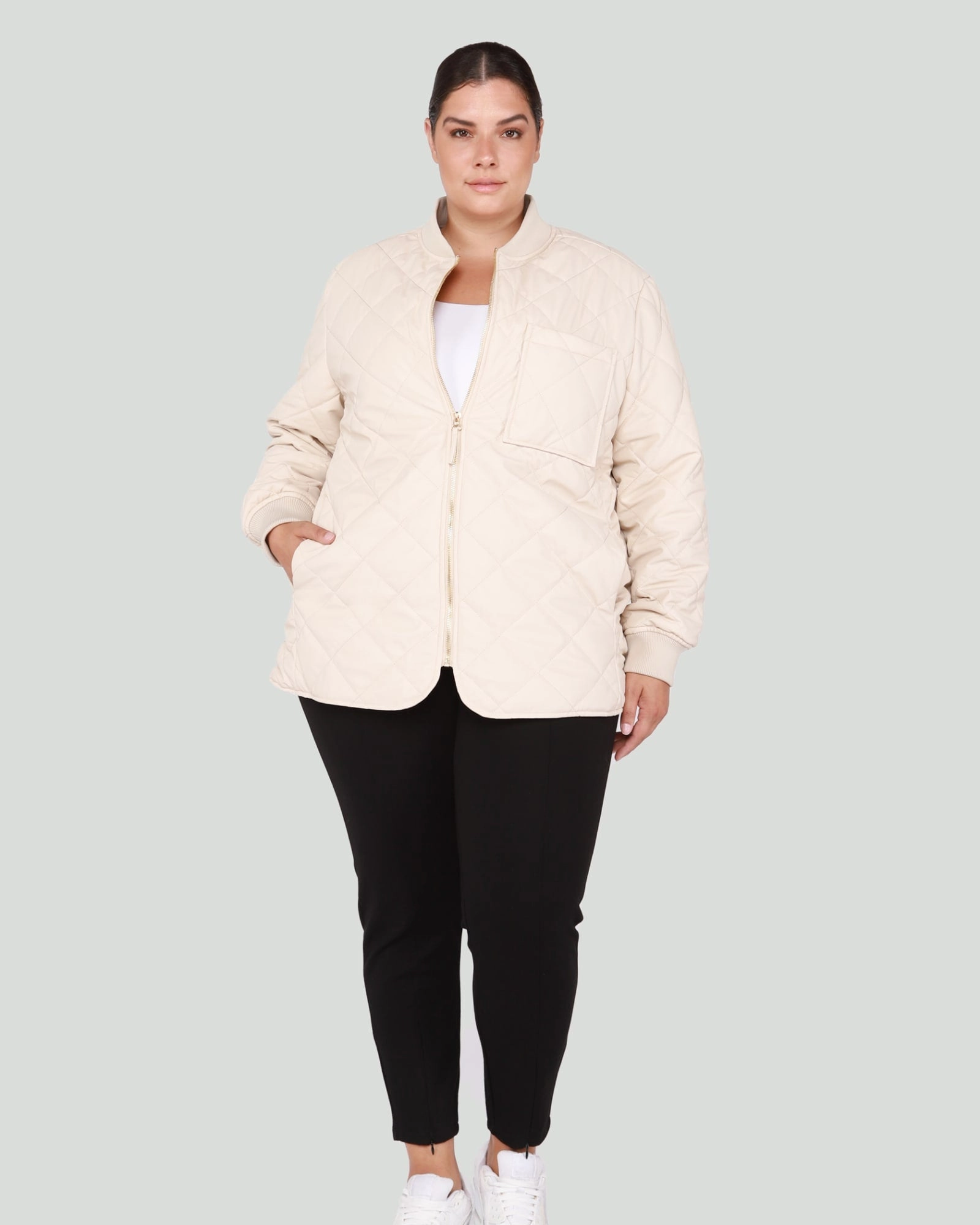 Olivia Quilted Bomber Jacket | Light Putty Party Chic Comfort
