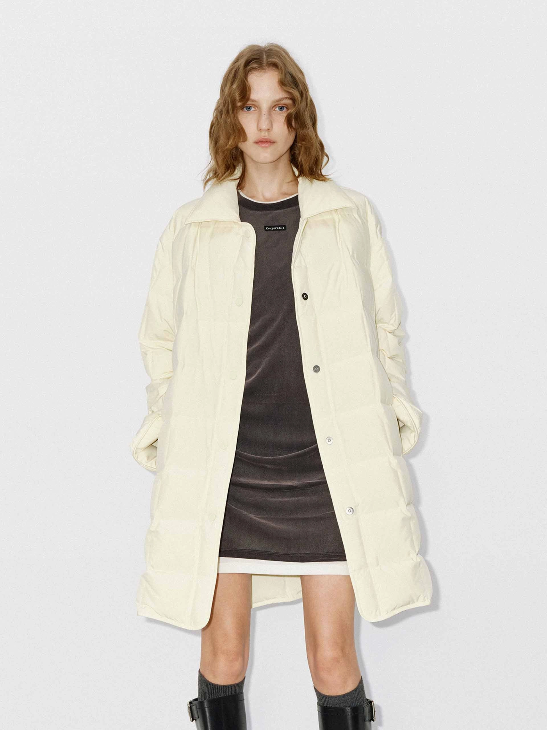 Lapel Collar Midi Puffer Coat RubberizedTrim