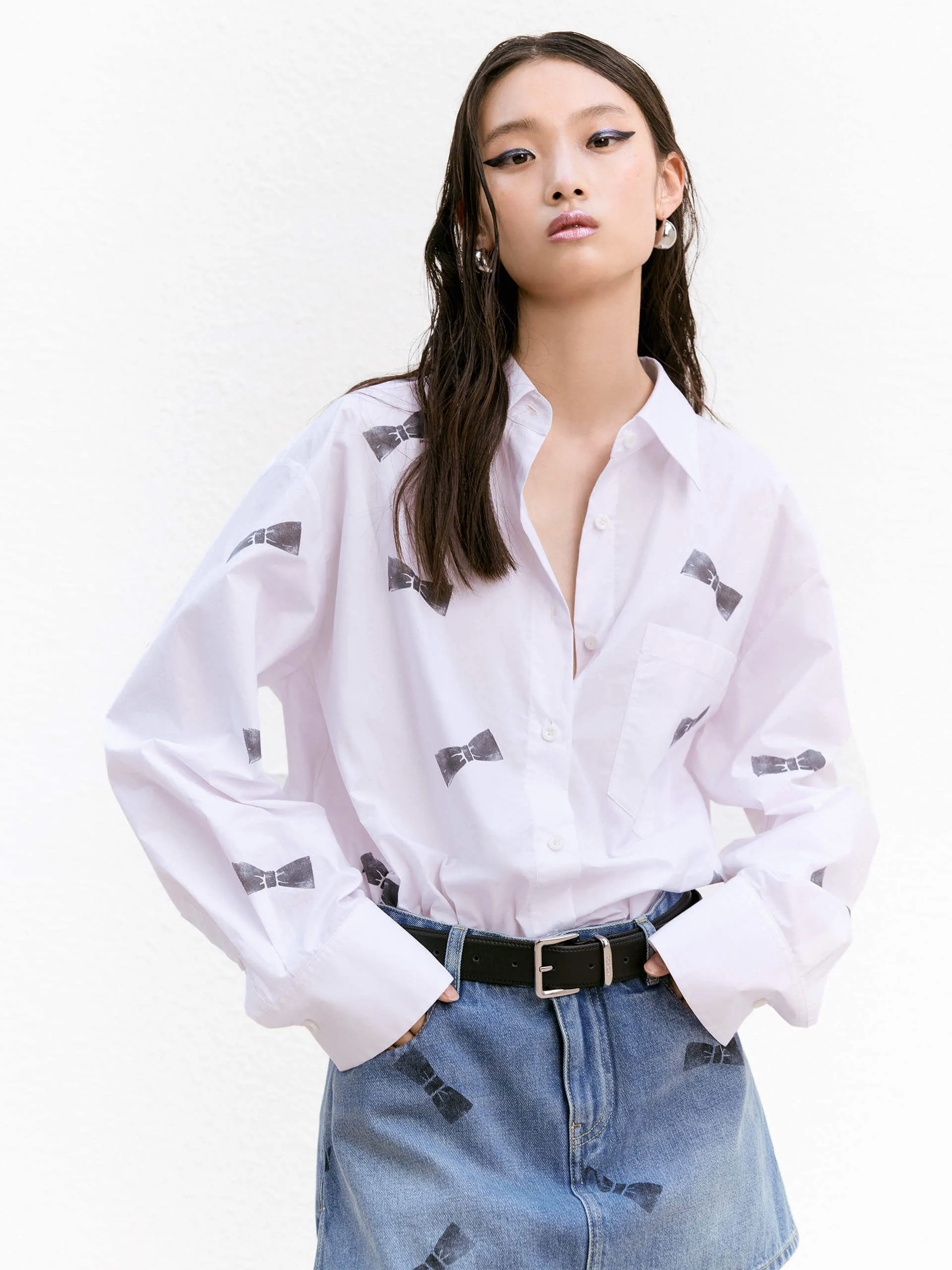 Professional Look Trendy Layer Bowknot Pattern Cotton Shirt