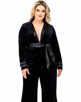 Portray Sale Women's Velvet Satin Belt Wrap Smoking Jacket | Black