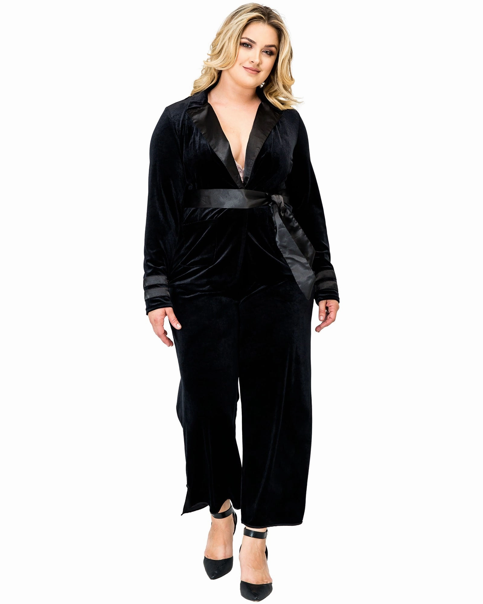 Women's Velvet Satin Belt Wrap Smoking Jacket | Black Sanction Articulated Seams