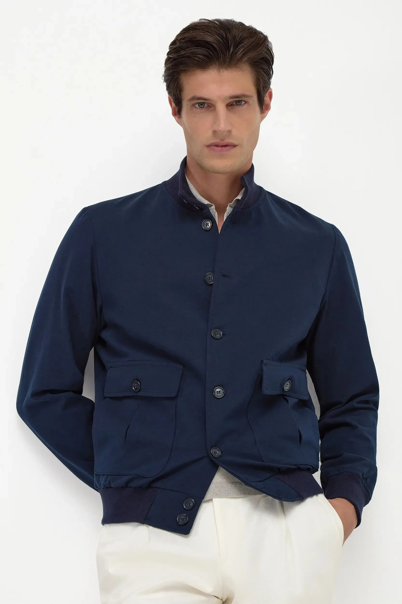 Non Slip Collar Blue cotton and silk bomber - Made in Italy