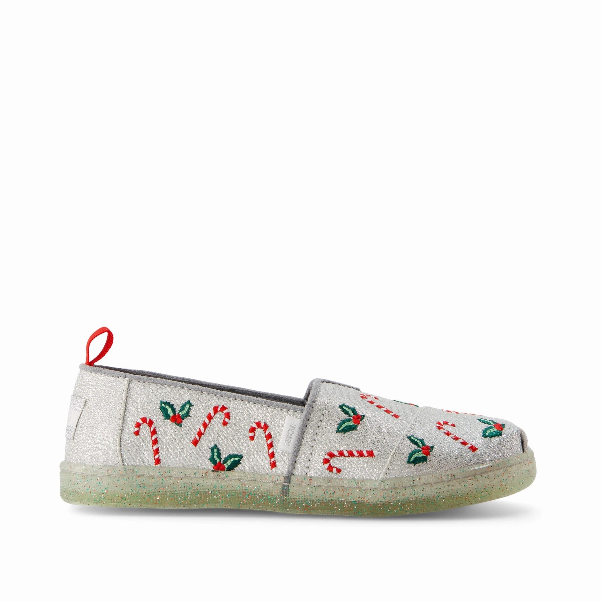 Youth Alpargata Silver Shimmer Embroidered Candy Canes Kids Shoe Pure Function