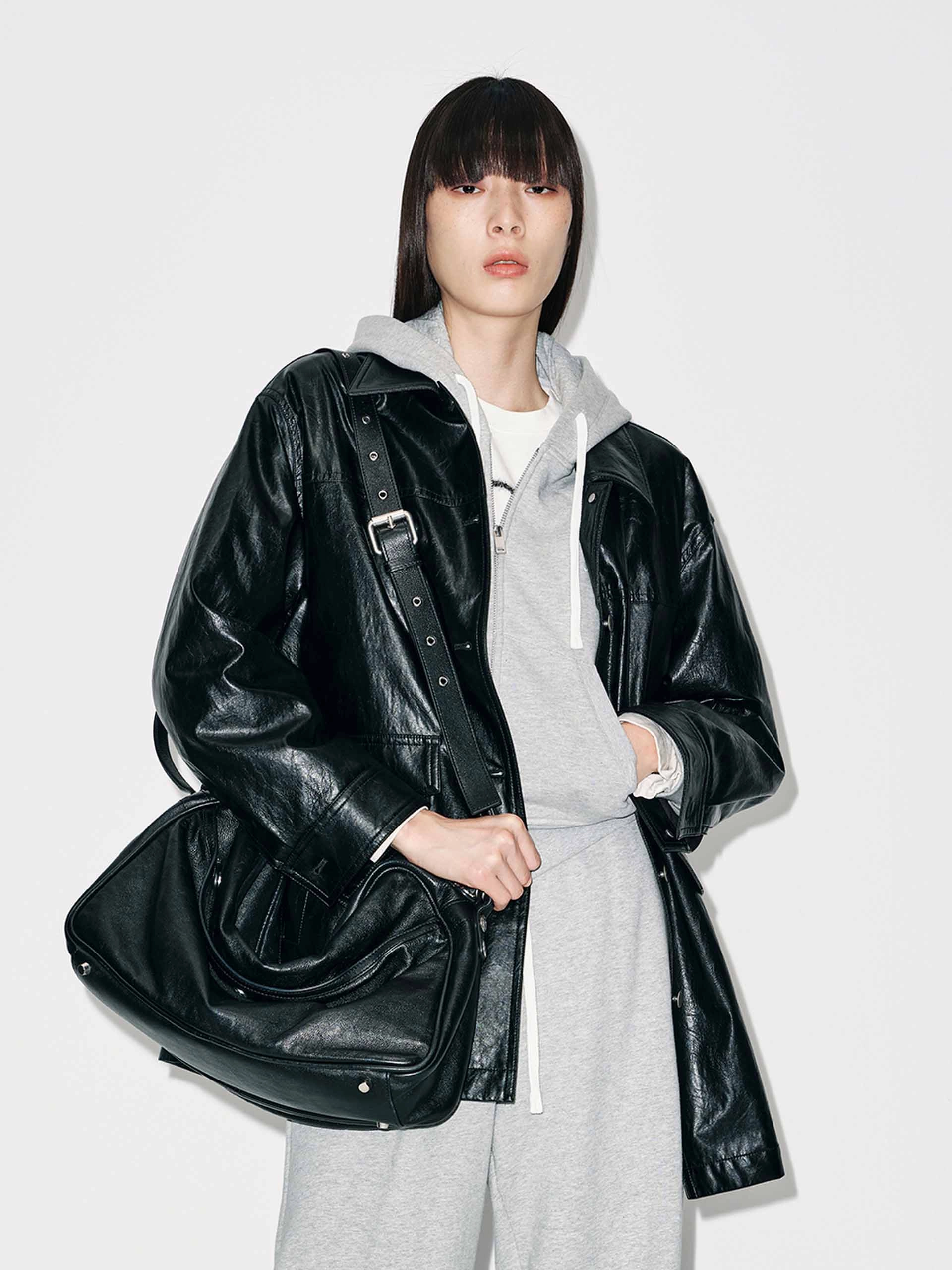 Button Leather Down Jacket Collapsible Packable Design