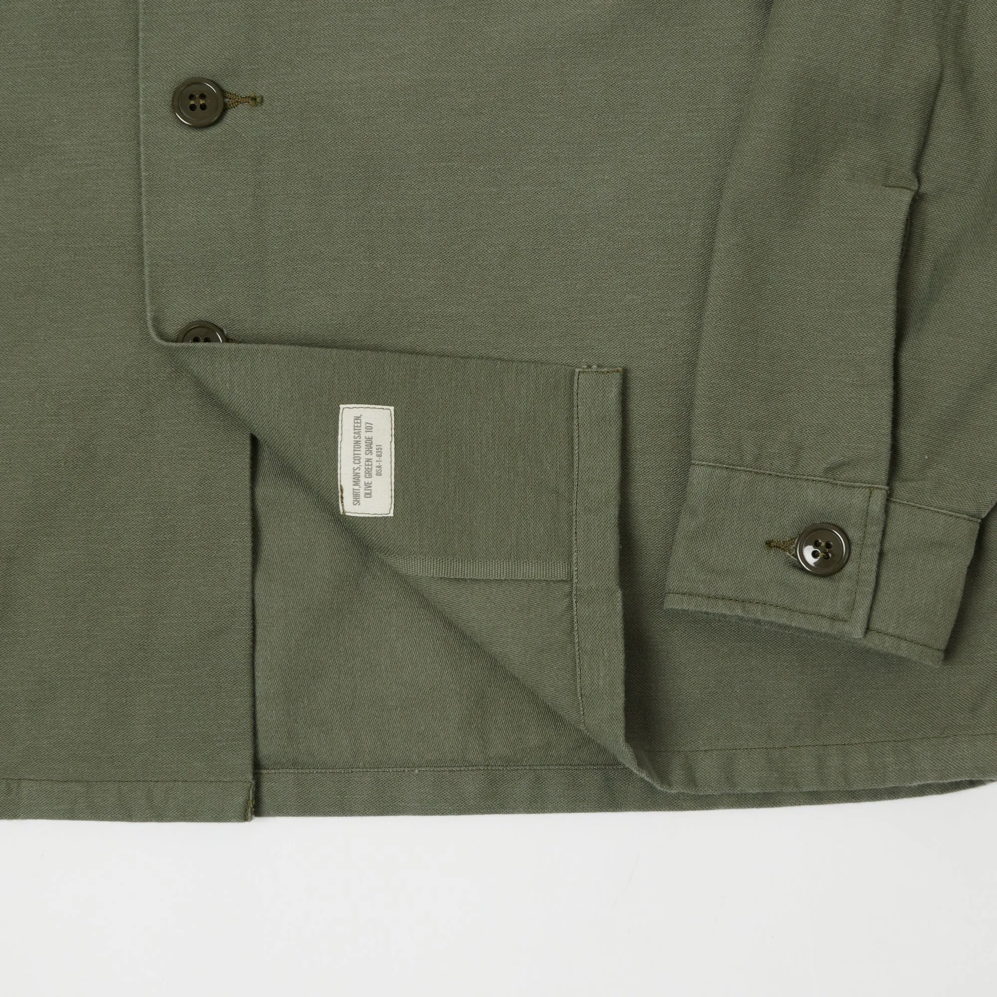 Buzz Rickson's OG-107 Sateen Utility Shirt - Olive Ergonomic Sleeve Cut