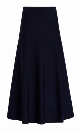 Subtle Shimmer Crisp Edge Freddie Knit Midi Skirt in Dark Navy Merino Wool Cashmere